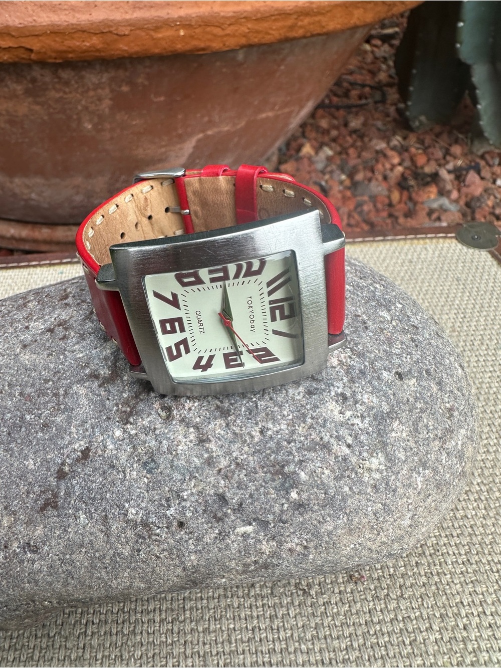 TOKYObay ⏱️ Women's Red Leather Watch band with Square Brushed Steel Case